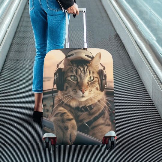 Cat as Pilot Luggage Cover, Airplane Aesthetic Print Suitcase Hard Bag Washable Protector