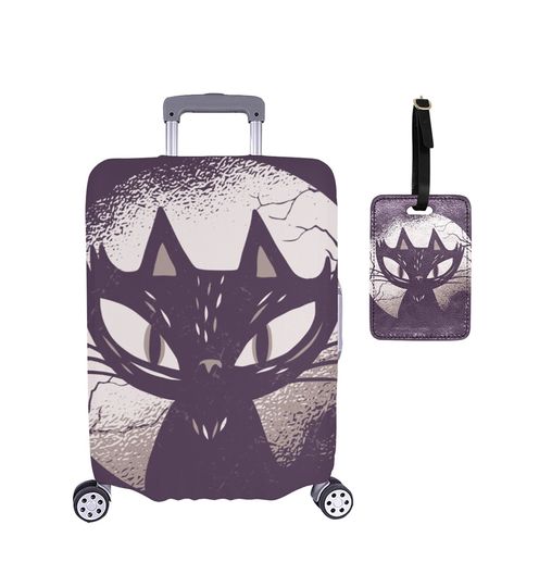 Custom Purple Luggage Cover Gift Set | Full Moon Cat Luggage Cover and Bag Tag