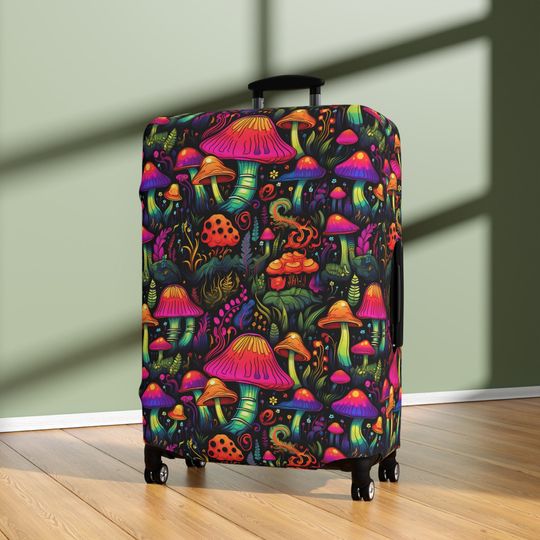 Colorful Mushroom Luggage Cover, Travel Accessory, Suitcase Protector, Travel Gift