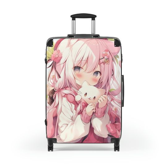 Pink Anime Suitcase Luggage, Girl Cat Kawaii Suitcase