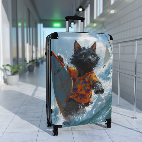 Black Cat Surfing Suitcase - Stylish Travel Luggage with 360 Swivel Wheels
