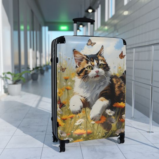 Suitcase, Tortoiseshell Cat Running, Chasing Butterflies in a Daisy Field
