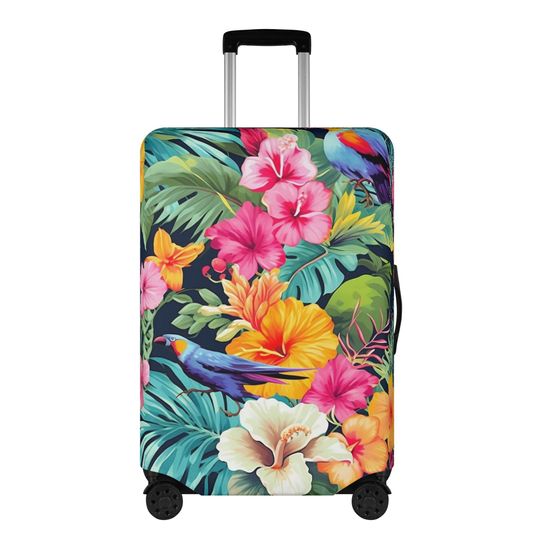 Tropical Flowers Luggage Cover, Pink Floral Bird Parrot Suitcase Protector