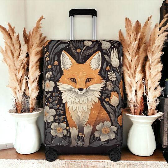 Kawaii Forest Fox wildflowers Polyester Luggage Cover, Cottagecore Luggage protector