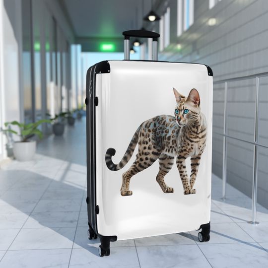 Snow Bengal Cat Suitcase, Blue-eyed Cat, Unique Luggage, Gift for Cat Lover