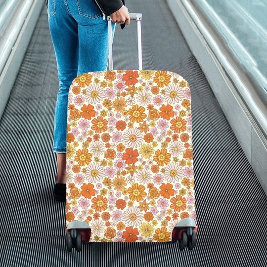 Groovy Flowers Luggage Cover, Retro 70s Funky Floral Cute Aesthetic Print Suitcase