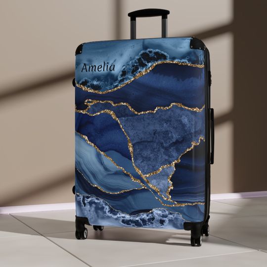 Blue Suitcase Personalized - Marble Luggage Geode Agate Travel Accessories