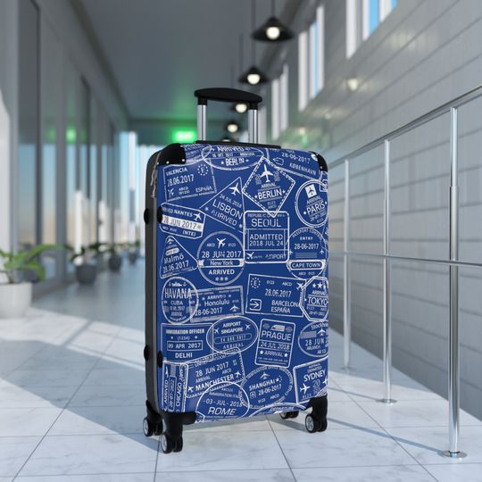Blue Passport Stamps Suitcase, World Traveler, Available In 3 Sizes