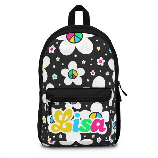 Black Groovy Flowers Peace Sign Custom Name Personalized Gift School Backpack