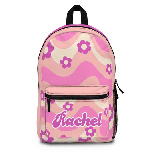 Pink Groovy Flowers Peace Sign Custom Name Personalized Gift School Backpack