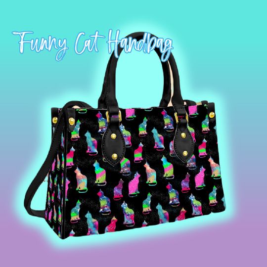 Womens Neon Cat Handbag With Straps, Work Handbag for Cat Lovers,