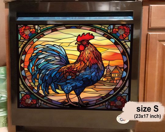 The Country Rooster Standing On A Stained Glass Background With Sunrise Dish Washer Cover