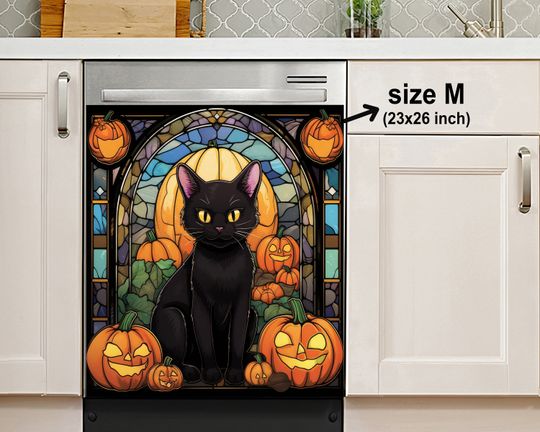 Black Cat Sitting With Pumpkins Stained Glass Halloween Dishwasher Cover