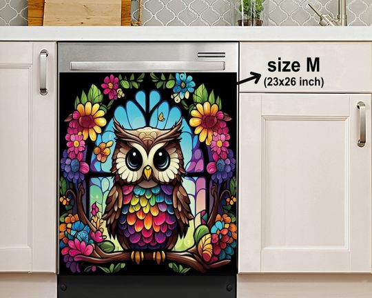 Colorful Owl Stained Glass Dishwasher Cover, Housewarming Gifts