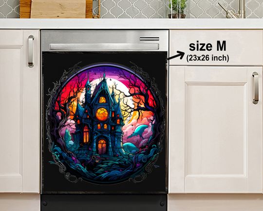 Stained Glass Haunted House Halloween Dishwasher Cover, Housewarming Gifts