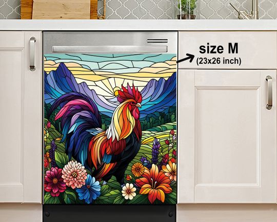Stained Glass Farmhouse Rooster Kitchen Dishwasher Cover, Housewarming Gifts