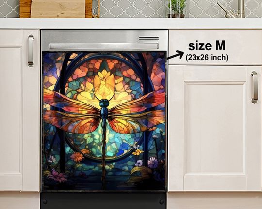 Colorful Dragonfly Stained Glass Dishwasher Cover, Housewarming Gifts, Kitchen Decor