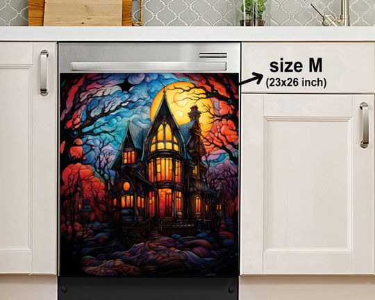 Mysterious Haunted House Stained Glass Dishwasher Cover, Housewarming Gifts