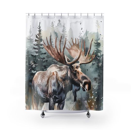 Moose In Pine Tree Forest Watercolor-Inspired Nature Pine Trees Landscape Bath Curtain