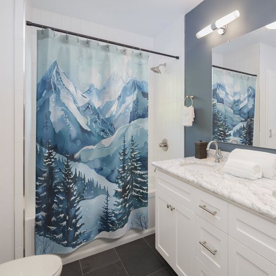 Snow Covered Mountains Watercolor-Inspired Winter Nature Landscape Bath Curtain