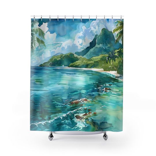 Tropical Island Watercolor-Inspired Nature Beach Landscape Beachy Shower Curtain