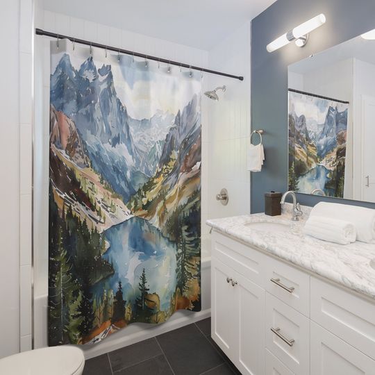 Alpine Mountain Lake Watercolor-Inspired Nature Scenery Landscape Shower Curtain