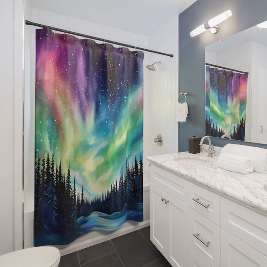 Northern Lights Night Sky Forest Nature Scenery Landscape Shower Curtain