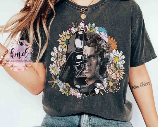 Darth Vader and Anakin Skywalker Half Face Floral Vintage T-shirt, Funny Star Wars Galaxy's Edge Unisex T-shirt
