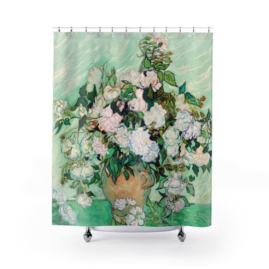 Van Gogh White Flowers Rose Painting Mint Green Background Bathroom Decor Shower Curtain