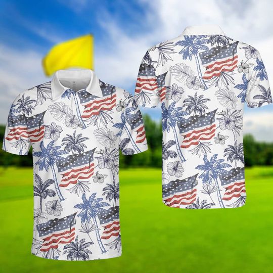 American Polo Shirt, Patriotic Golf Polo, USA Tropical Shirt, Aloha Golf Shirt, 4th July Shirt