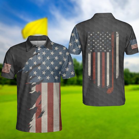 American Golf Men Polo Shirt, Retro USA Flag Shirt, Golf Polo Shirt For Men
