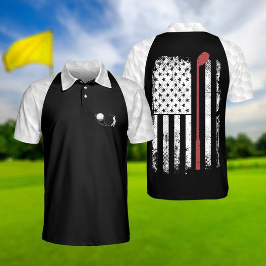 Golf American Flag Polo Shirt, Golf Shirt For Men, Funny Golf Shirt, Black and White Polo Shirt