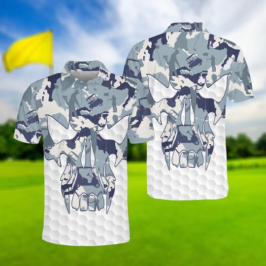 Blue And White Men Golf Polo Shirt, Skull Golf Polo Shirt, Golf Golf Shirt For Men