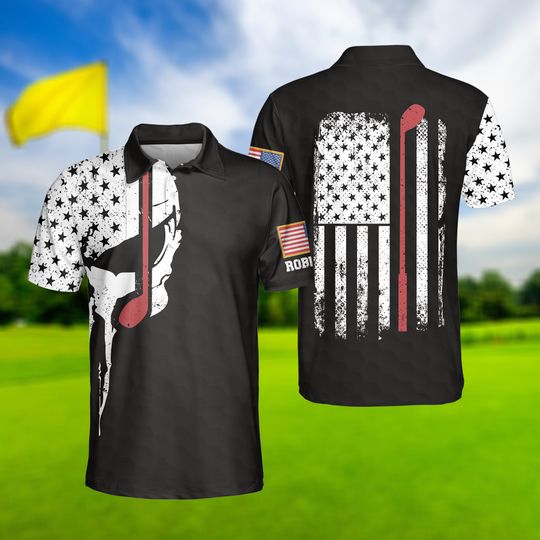 Skull American Polo Shirt, Golf Club Team Shirt, American Flag Polo Shirt