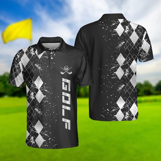 Golf Men Polo Shirt, Polo Shirt, Black And Silver Polo Shirt, Golfer Polo Shirt