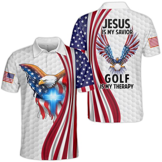American Eagle Golf Polo Shirts for Men, US Flag Golf Players Button Down Short Sleeve
