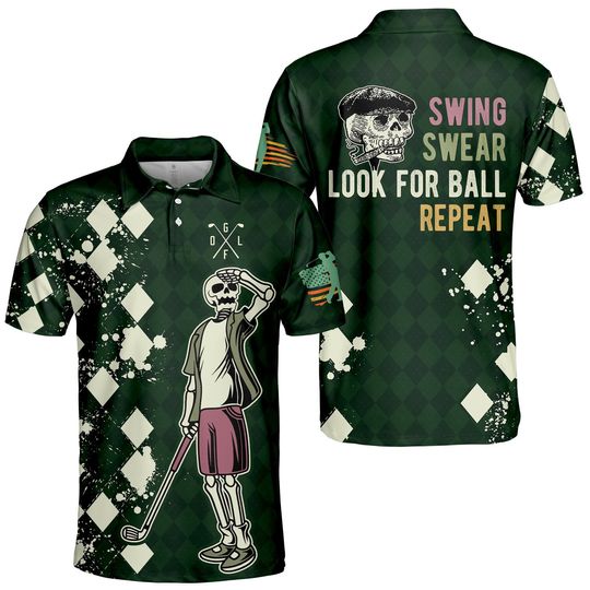 Golf Skull Look For Ball Polo Shirts for Men Women, Swing Swear Repeat Golf Shirt