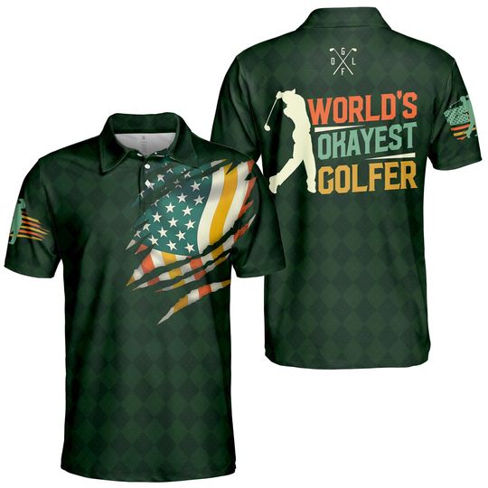 Worlds Okayest Golfer Polo Shirts for Men Women, American Flag Golf Player Patriotic Golf Polo Shirt