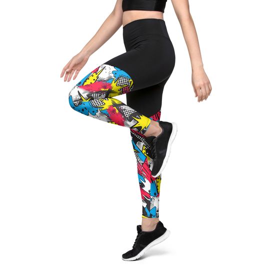 Sport leggings with trendy 80s pattern, shaping leggings with high compression, all-over print on the leg