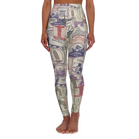 Travel Passion High-Waisted Yoga Leggings with Travel Stamps Design
