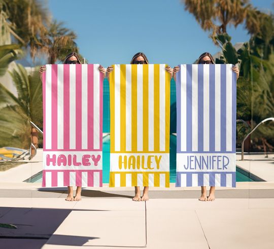 Striped Personalized Beach Towel, Kids Custom Name Pool Towels, Bridesmaid Towel, Birthday Vacation Gift, Vintage Stripe Print Bath Towel,