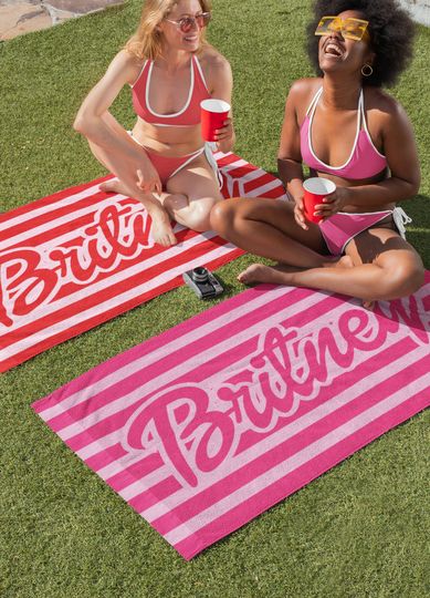 Pink Custom Beach Towel, Bachelorette Party Favors, Kids Personalized Birthday Holiday Gift,  Doll Script Font, Bride Bridesmaids Gift,