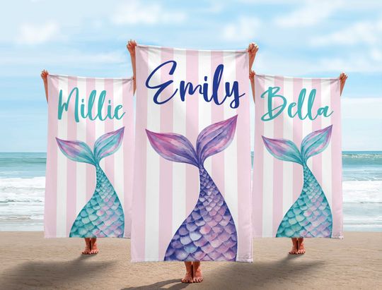 Mermaid Tail Custom Name Beach Towel, Mermaid Party Favors, Personalized Bath Towel, Mermaid Birthday Gift For Kids, Pool Bachelorette Trip