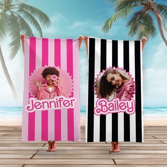 Let's Go Party, Pink Stripe Custom Photo Beach Towel, Personalized Picture Pool Towel, Doll Kids Beach Towel, Bridesmaids/Birthday Gifts