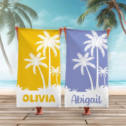 Palm Tree Personalized Beach Towel, Adult/Kids Pool Towel, Bridesmaid Custom Beach Towel, Birthday Gift for Friends, Family Vacation Gift
