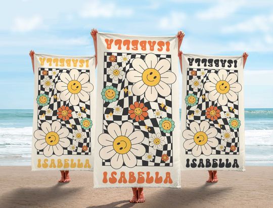 Groovy Daisy Checkered Personalized Beach Towel, Retro Custom Pool Towel,  Hippie Birthday Vacation Gift, 70's Bachelorette Bridesmaid towel