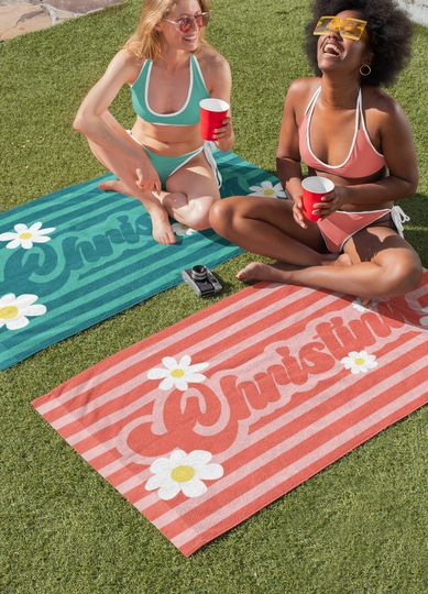 Groovy Daisy Retro Style Custom Beach Towel,Daisy Party Favors Kids Striped Personalized Name Pool Towel, 70s Hippie Birthday Vacation Gift