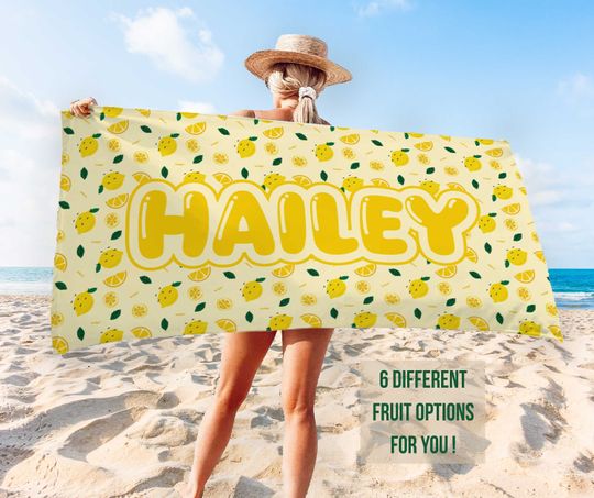Personalized 6 Fruits Beach Towel with Name, Lemon Custom Pool Towel, Tutti Frutti Birthday Party Favors, Vacation Gift, Kids Beach Towel,