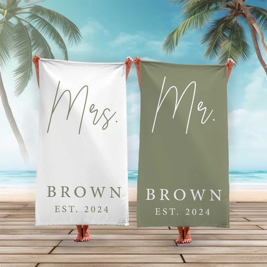 Honeymoon Couple Mr. Mrs. Beach Towel, Matching Custom Bath Towels, Bachelorette Bride  Beach Towel Personalized Groom Wedding Newlywed Gift