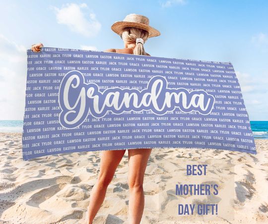 Custom Mothers Day Beach Towel, Grandma Custom Beach Towel, Mothers Day Gift, Summer Gift, Mothers Day Idea, Child Name Towel, Gift for Mama